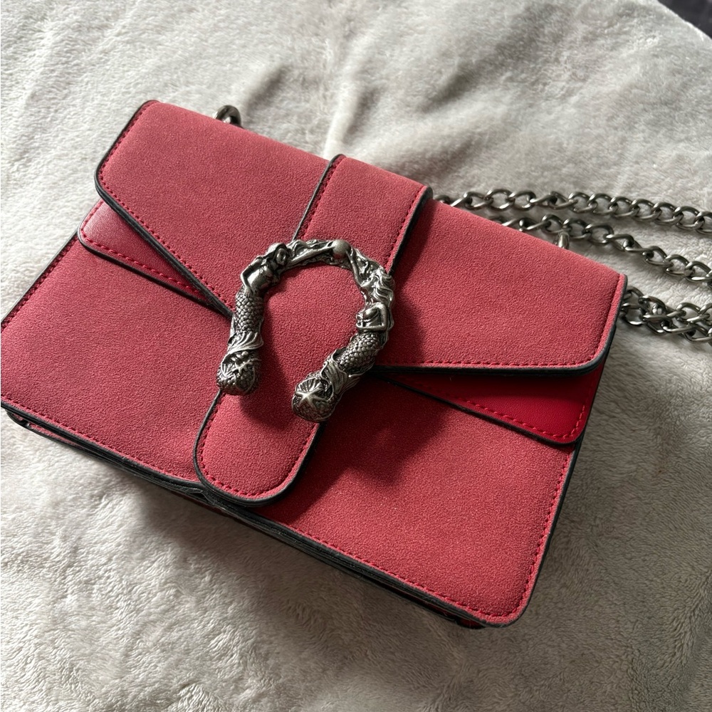 Red Suede Chain Shoulder Bag with Silver Hardware